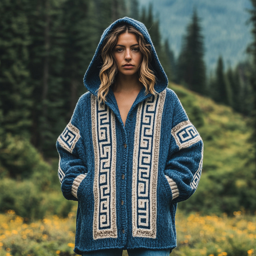 Women's Greek Art Inspired Jacquard Knit Cozy Hooded Cardigan elevenforest