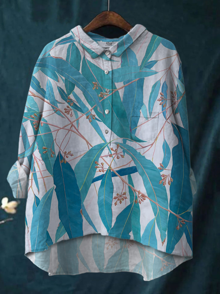Women's Casual Retro Leaf Print Cotton And Linen Shirt