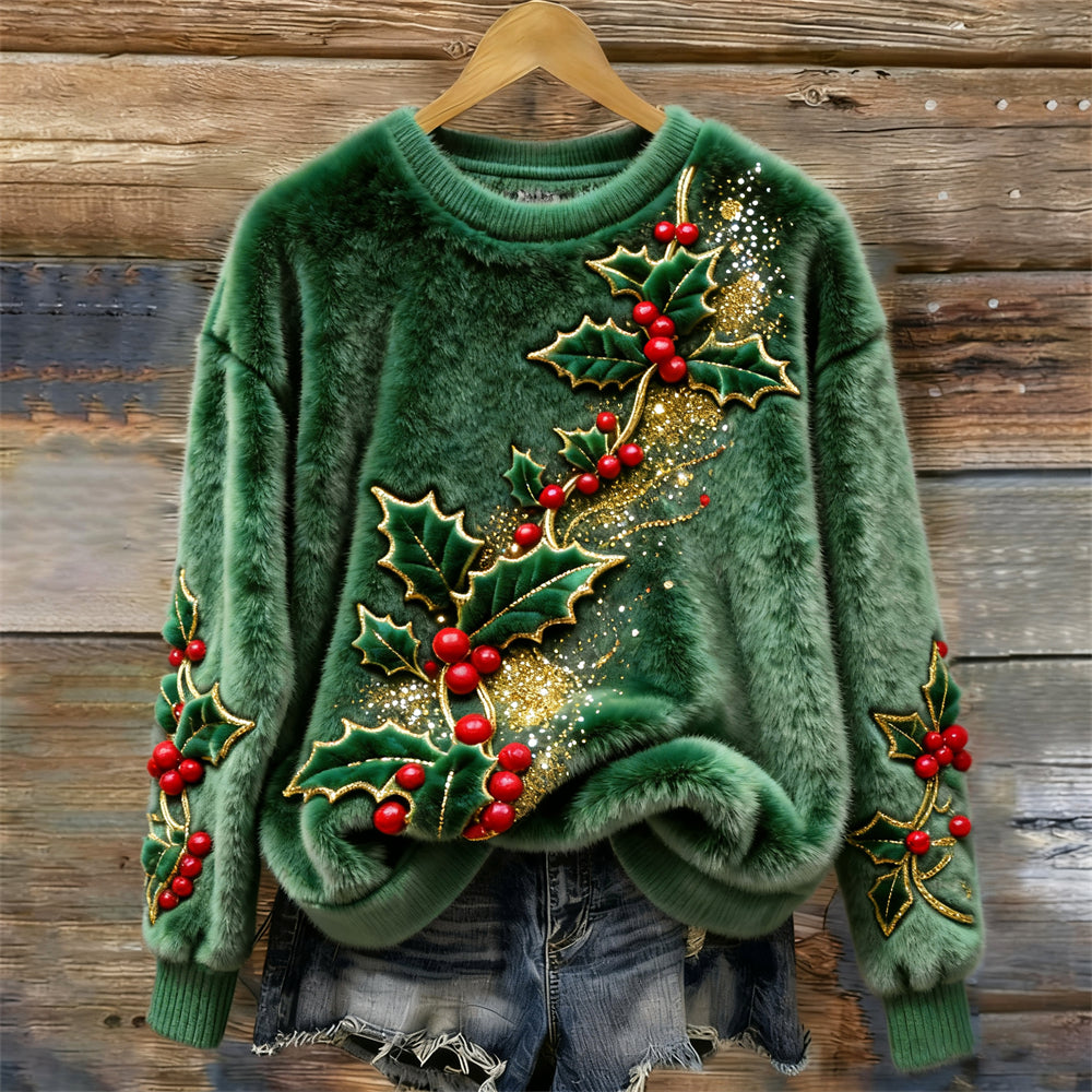 Christmas Holly Embroidered Art Women's Cozy Plush Sweater