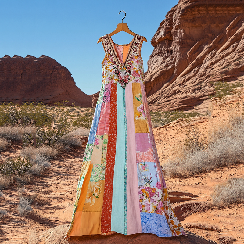 Women's Vintage Patchwork Flower Print V-neck Midi Dress artswardrobe