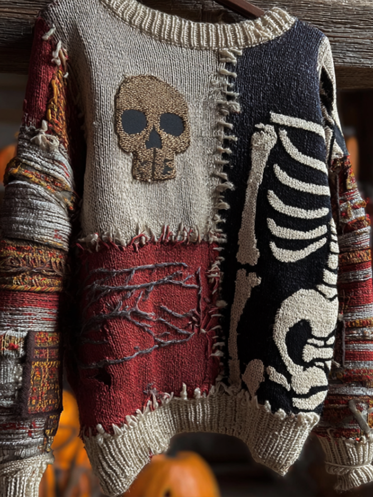 Halloween Skeleton Man Pattern Knit Round Neck Sweater artswardrobe