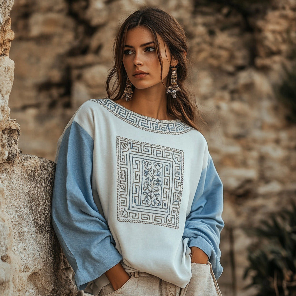 Comstylish Vintage Greek Key Motif Patchwork Cotton Linen Contrast Shirt