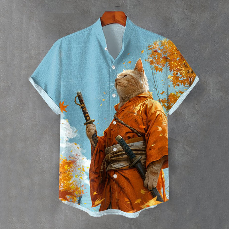 Japanese Fall Cat Samurai Nature Ink Painting Art Linen Blend Cozy Shirt elevenforest