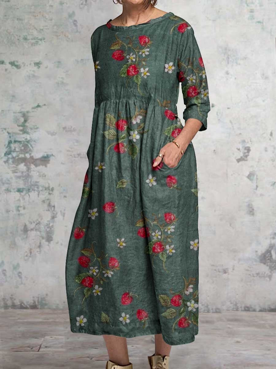Women's Vintage Floral Art Pattern Round Neck Cotton and Linen Dress with Pockets