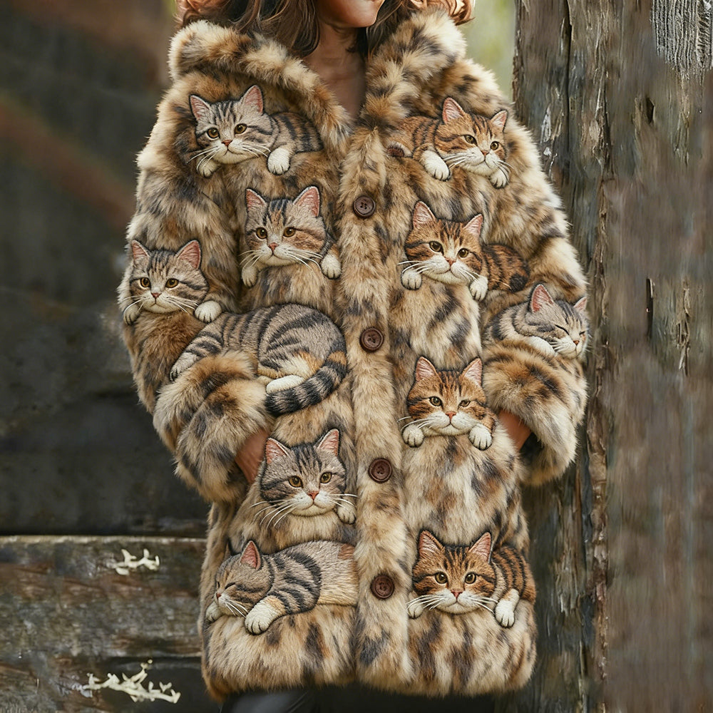 Comstylish Leopard Print Cat Warm Flannel Hooded Long Cardigan