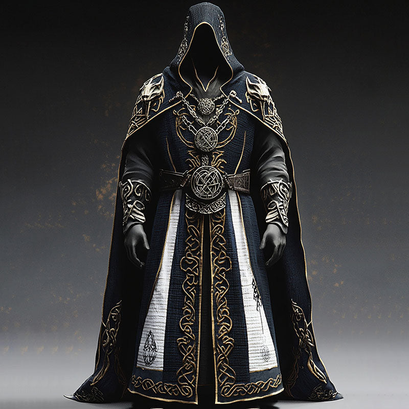 Men's Viking Wolf Celtic Embroidery Contrast Color Stitching Hooded Cloak