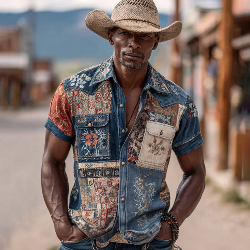 Men's Vintage Faded Denim Western-style Embroidered Printed Short Sleeve Shirt artswardrobe