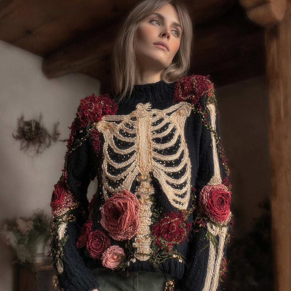 Women Halloween Ancient Human Anatomy And Red Rose Ancient Round Neck Sweater artswardrobe