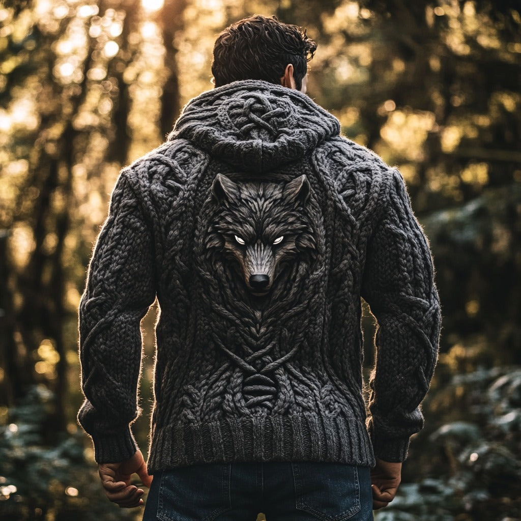 Men's Wolf Viking Chunky Knit Hooded Sweater artswardrobe
