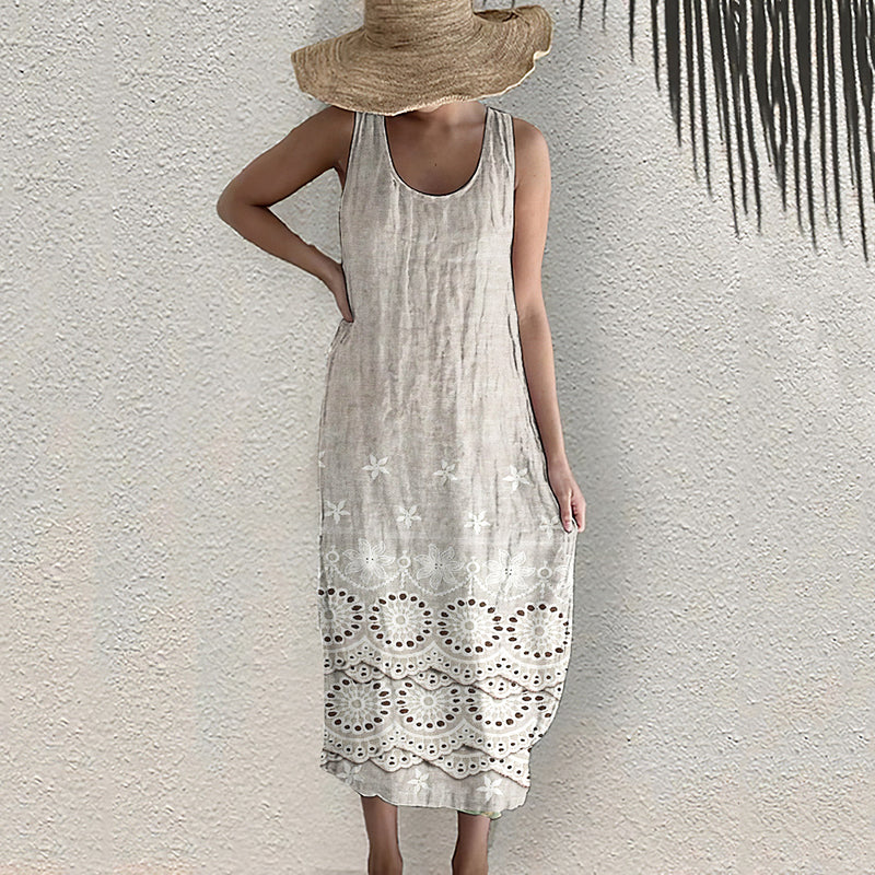 Vintage Floral Embroidered Lace Art Pattern Linen Tank Dress artswardrobe