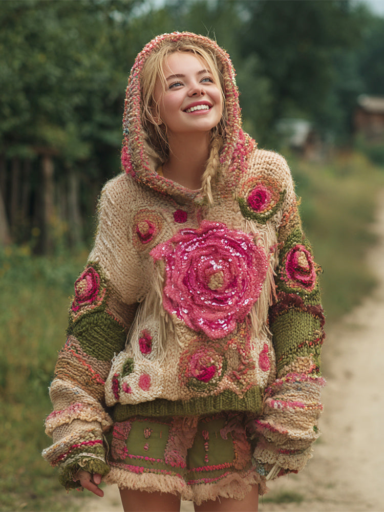 Boho Vintage Floral Women's Knit Hooded Sweater elevenforest