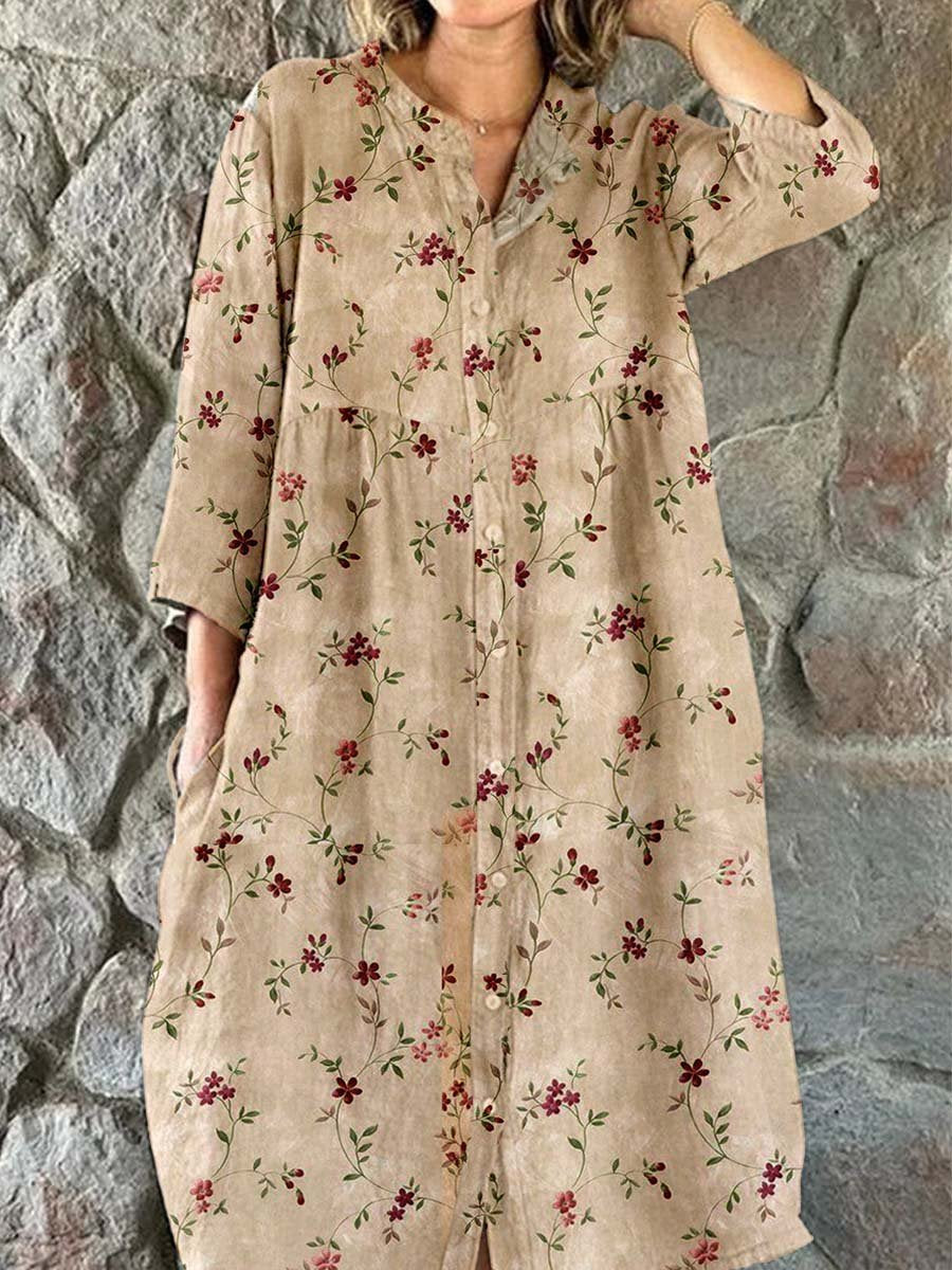 Women's Elegant Simple Shirt Style Cotton and Linen Dress with Decorat
