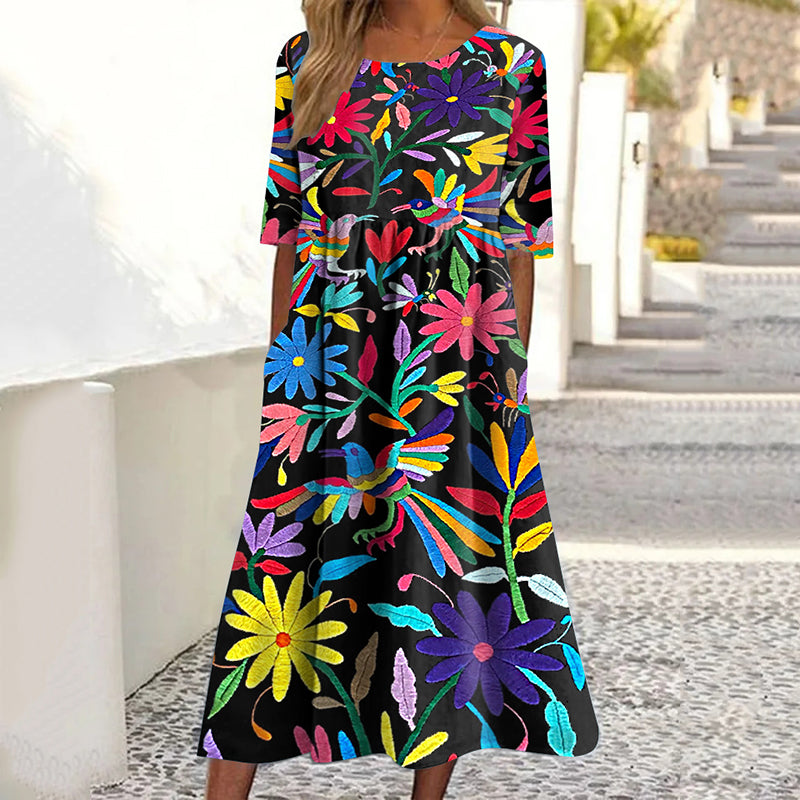 Women's Ethnic Floral And Bird Art Pattern Cotton And Linen Dress artswardrobe