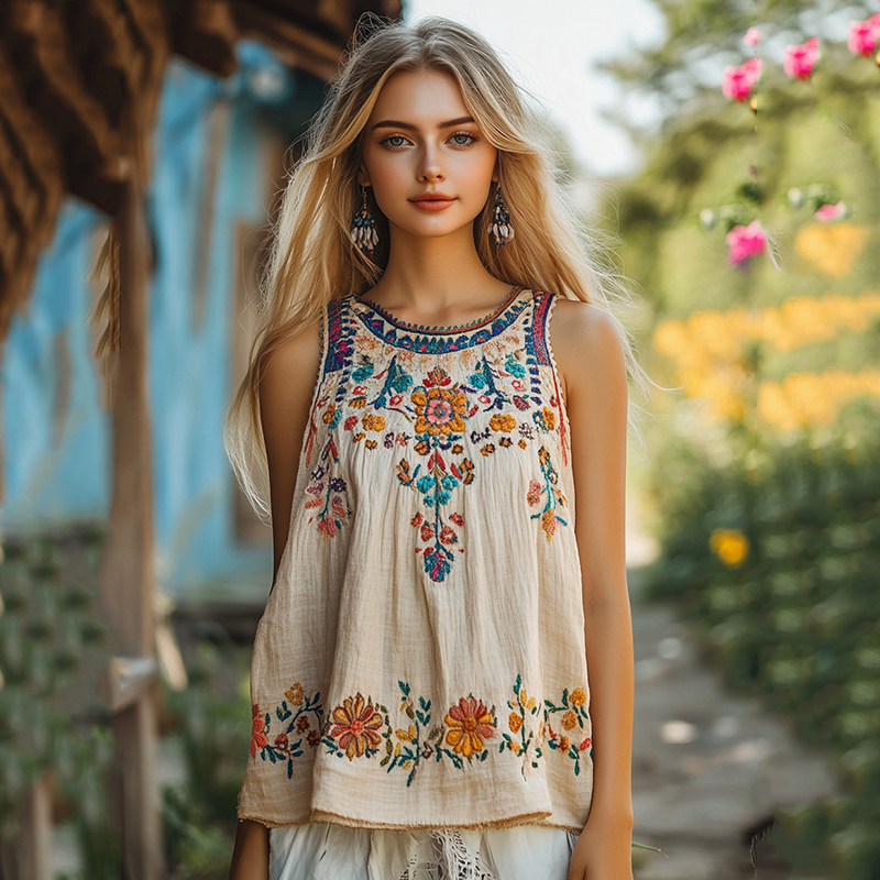 Vintage Floral Embroidery Pattern Women's Linen Vest artswardrobe
