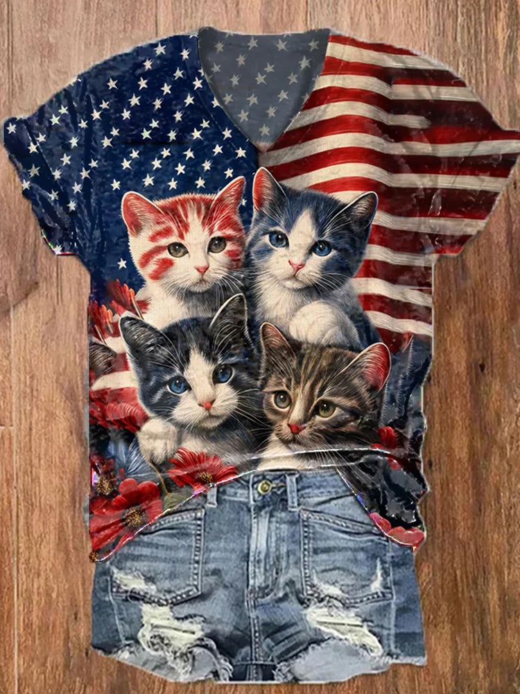 Women's Retro Distressed American Flag Cat Print Casual T-Shirt elevenforest
