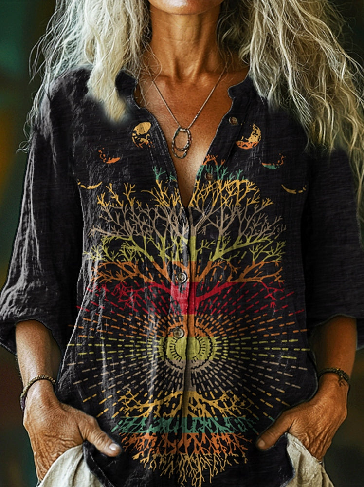 Women's Phases of the Moon Retro 60's 70's Vibe Tree of Life Print Cas