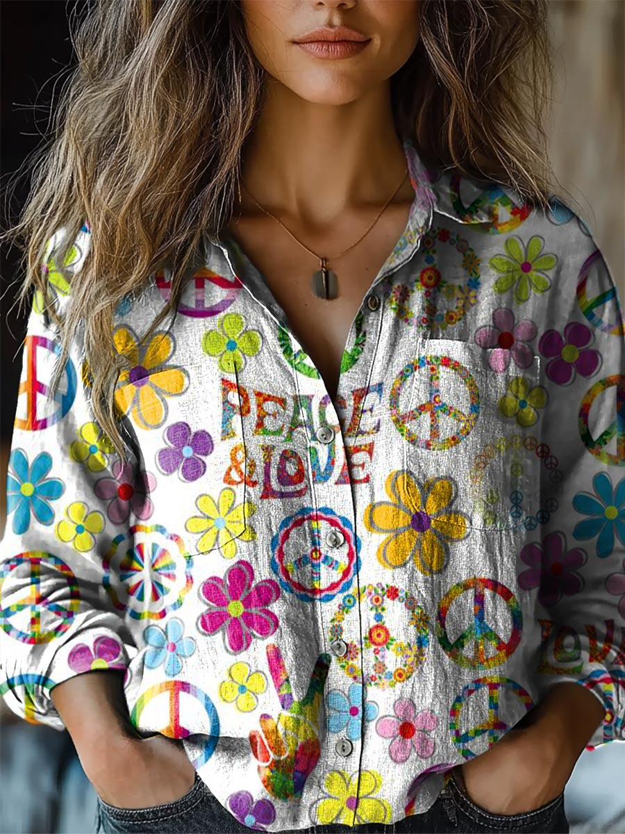 Women's Hippie Peace Love Sign Graphic Print Casual Long Sleeve Cotton