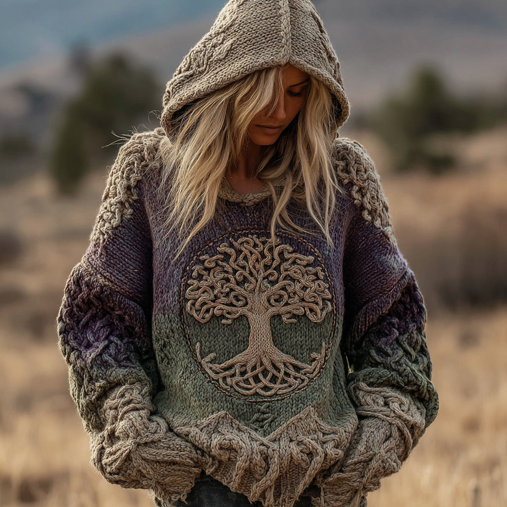 Viking Boho Life Of Tree Gradient Art Chunky Knitted Cozy Hooded Sweater artswardrobe