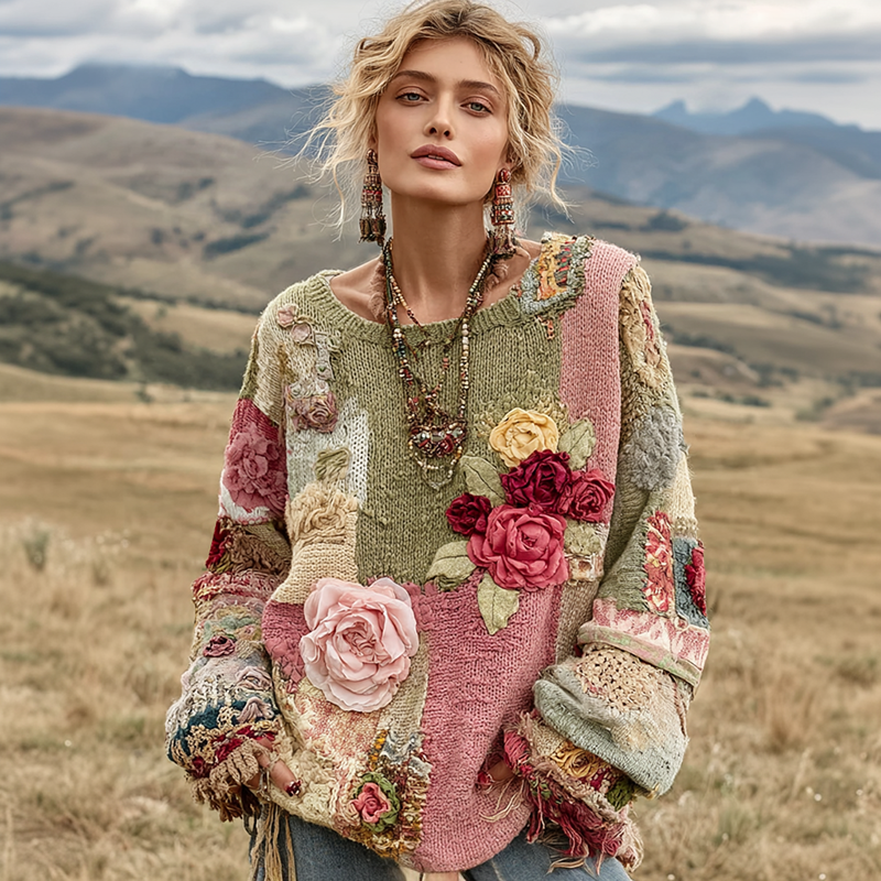 Women's Vintage Floral Embroidery Patchwork Art Print Cozy Pullover Knit Sweater elevenforest