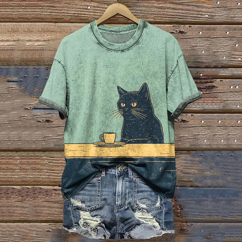 Black Cat Chilling With Coffee Vintage Print Casual T-Shirt elevenforest