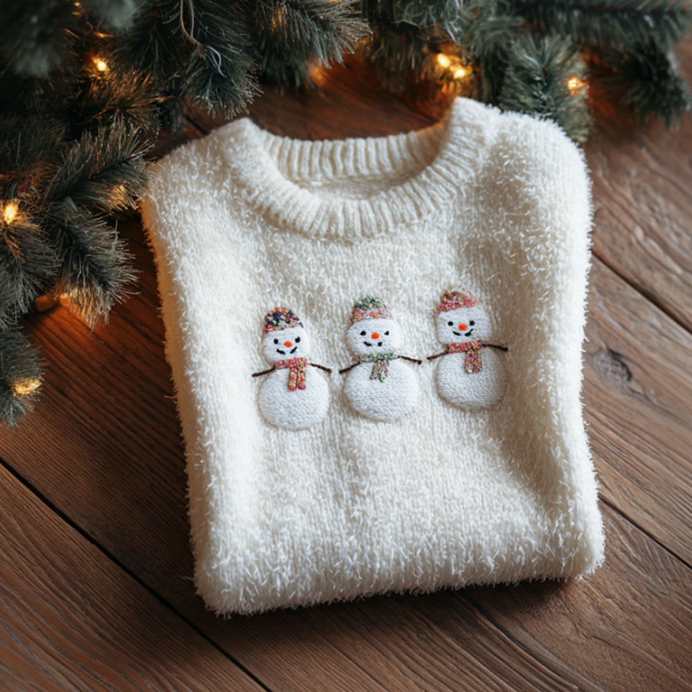 Christmas Three Little Snowmen Furry Round Neck Sweater artswardrobe