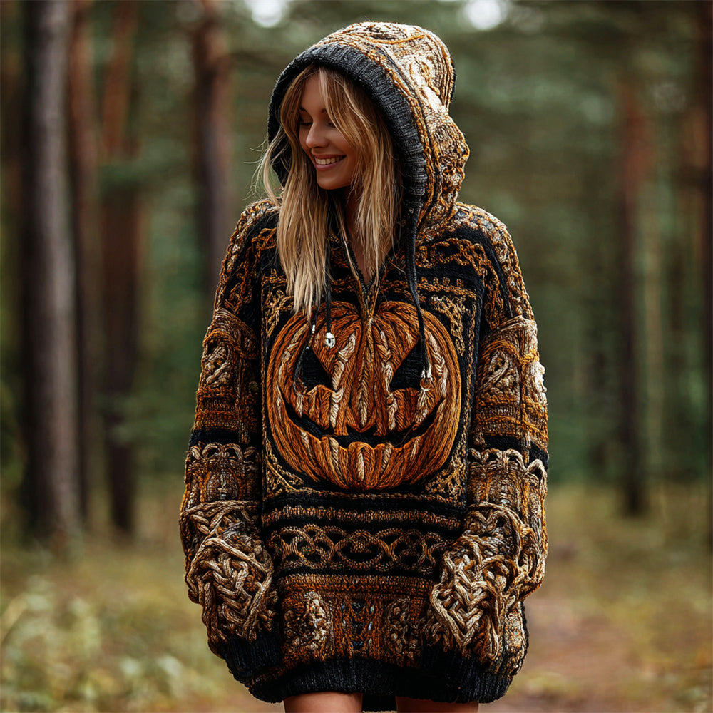 Halloween Pumpkin Lights Women's Chunky Knit Hooded Sweater elevenforest