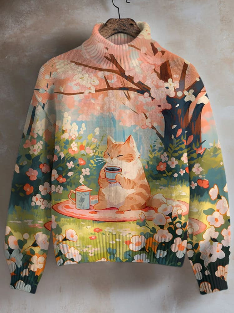 Women's Cherry Blossoms Cozy Cat Art Painting Print High Neck Knit Sweatshirt elevenforest