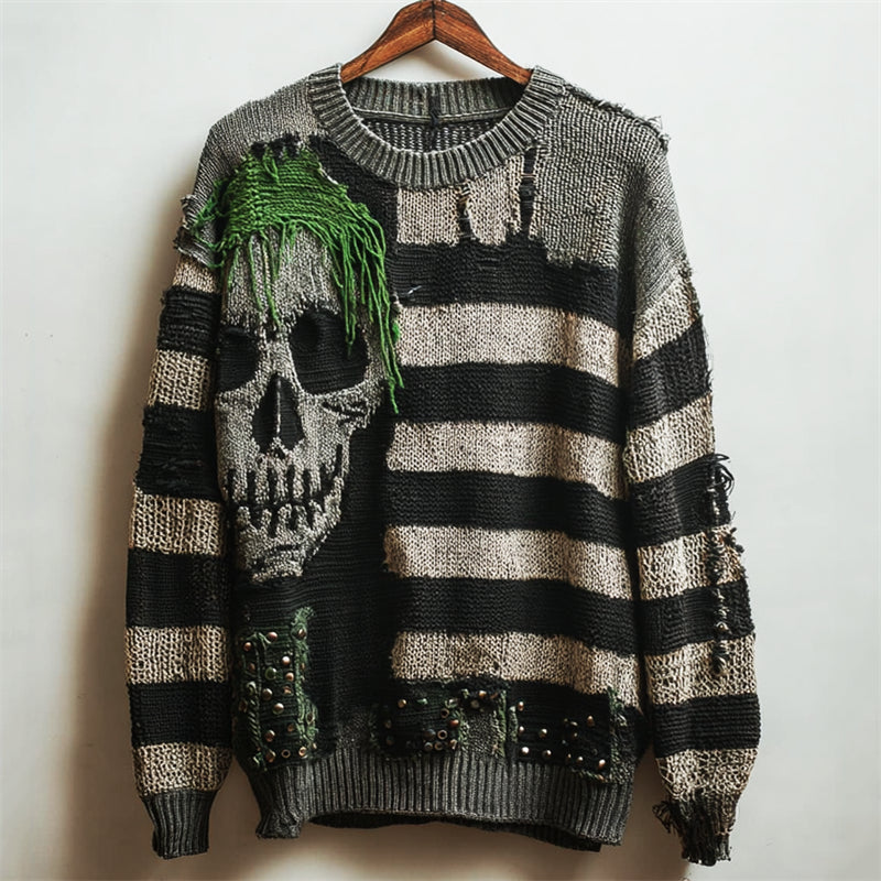 Halloween Green Hair Skull Embroidered Studded Striped Knit Sweater artswardrobe