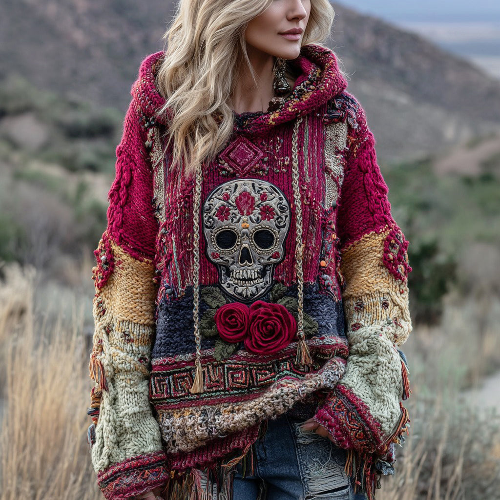 Boho Floral And Skull Inspired Colorblock Design Cozy Knit Hooded Sweater artswardrobe