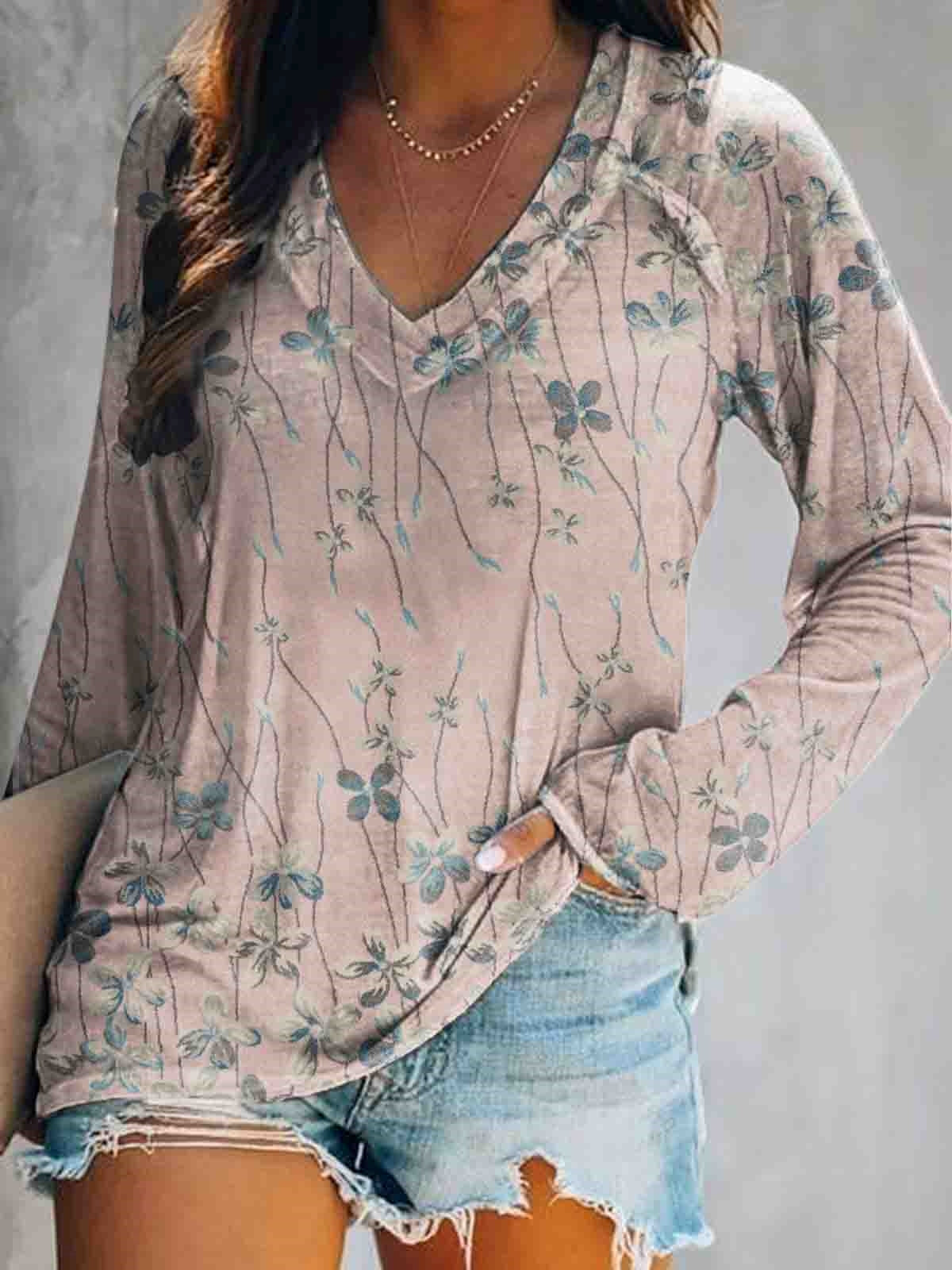 Women's Floral Art Print V-Neck Long Sleeve Top