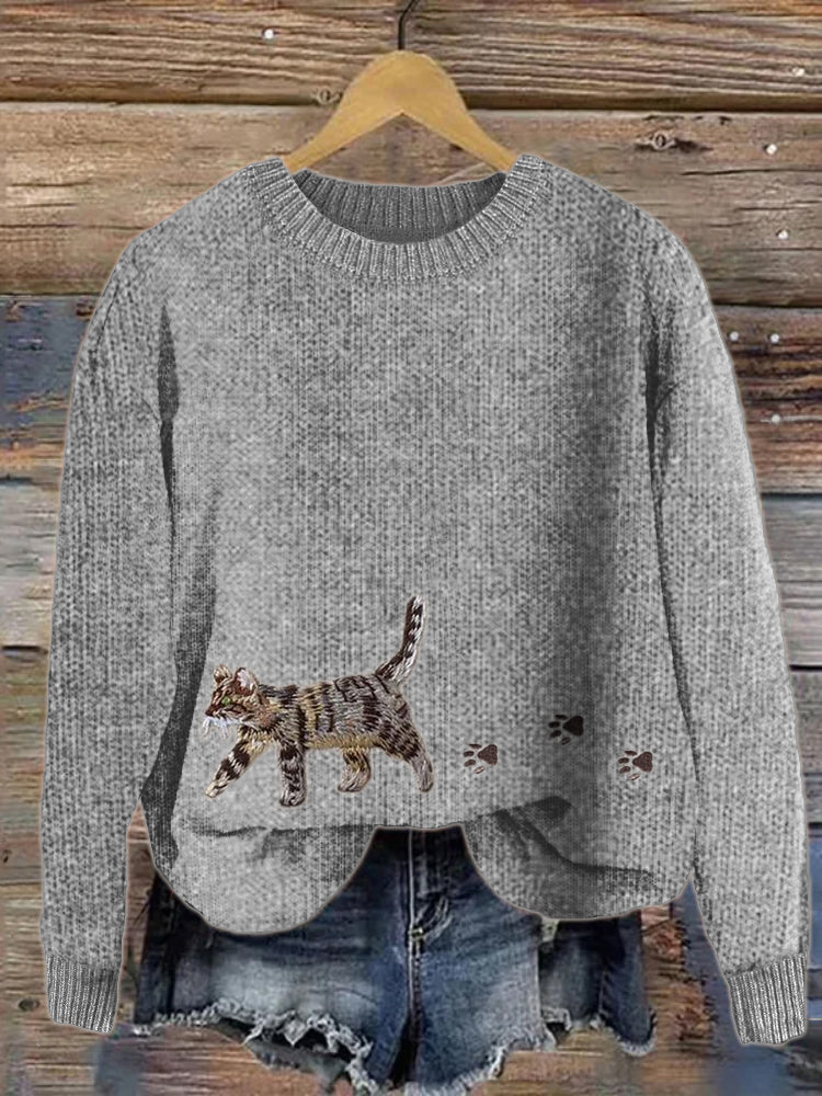 Cat & Paw Prints Embroidered Cozy Knit Sweater