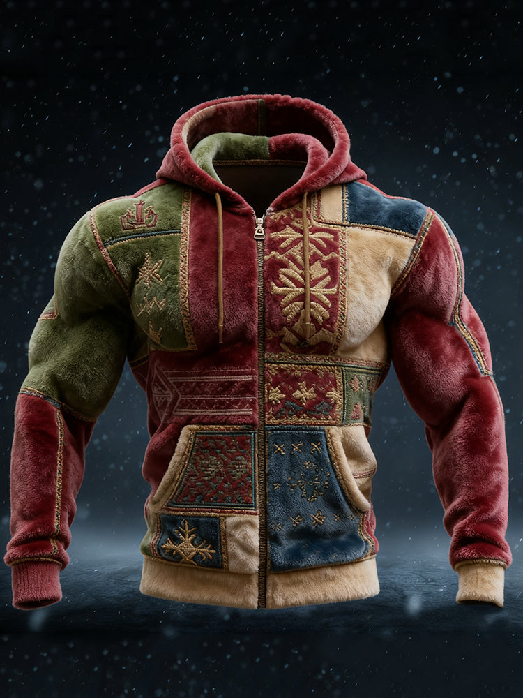 Comstylish Men's Christmas Snowflakes Colorblock Cozy Full Zip Plush Hoodie