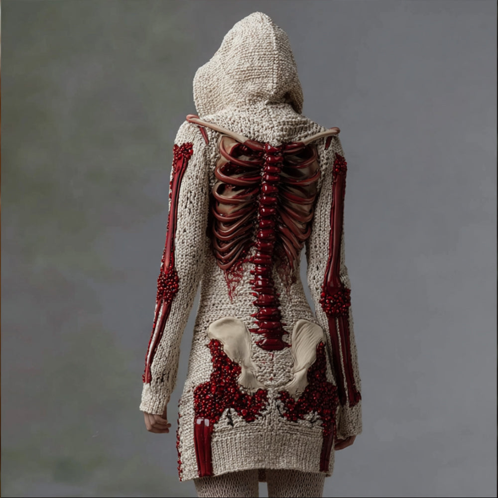 Women's Halloween Skeleton Rose Art Knitted Hoodie Sweater artswardrobe