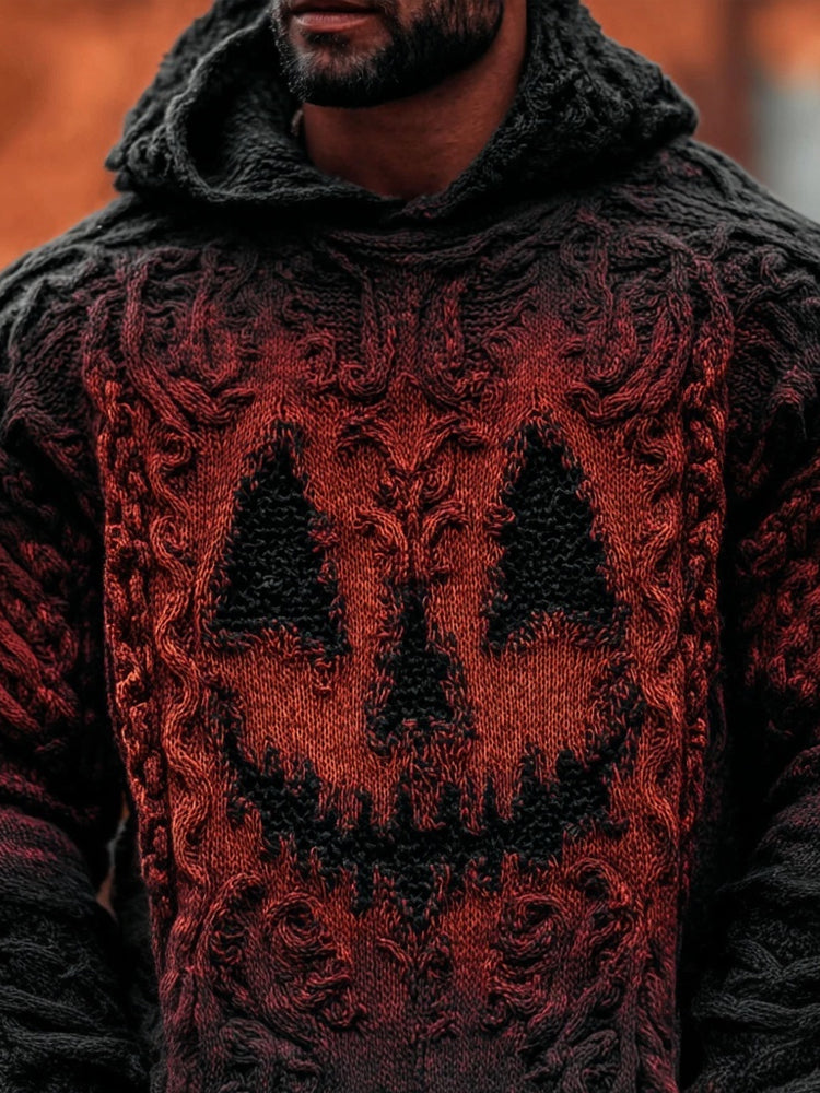 Men's Spooky Pumpkin Face Halloween Chunky Hooded Sweater artswardrobe
