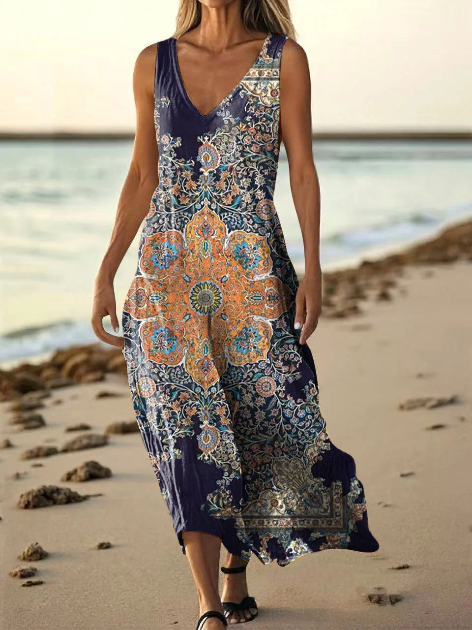 Women's Vintage Ethnic Floral Art Print Pocket Cotton Dress