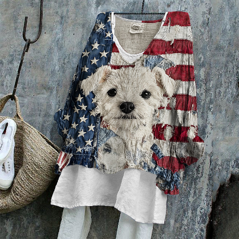 Comstylish Fuzzy Dog Embroidered American Flag Fiber Art Linen Tunic