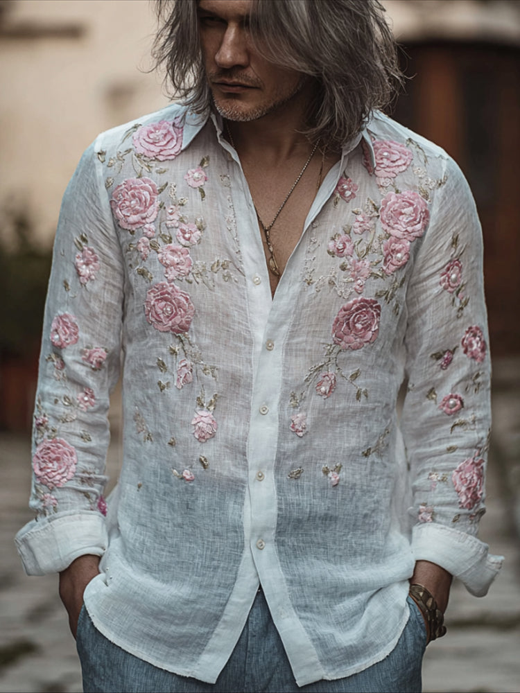 Men's Romantic Pure White Vintage Long-sleeved Shirt With Rose Embroidery artswardrobe