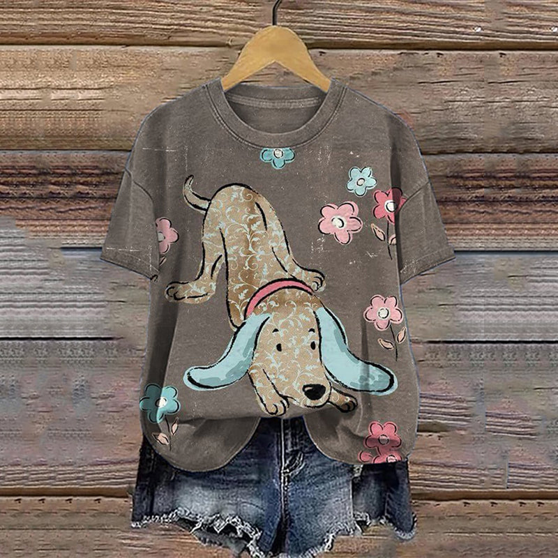 Comstylish Women's Cute Dog Print Round Neck T-Shirt
