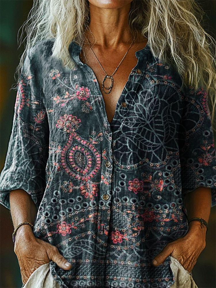 Women's Bohemian Floral Art Print Casual Cotton Linen Shirt