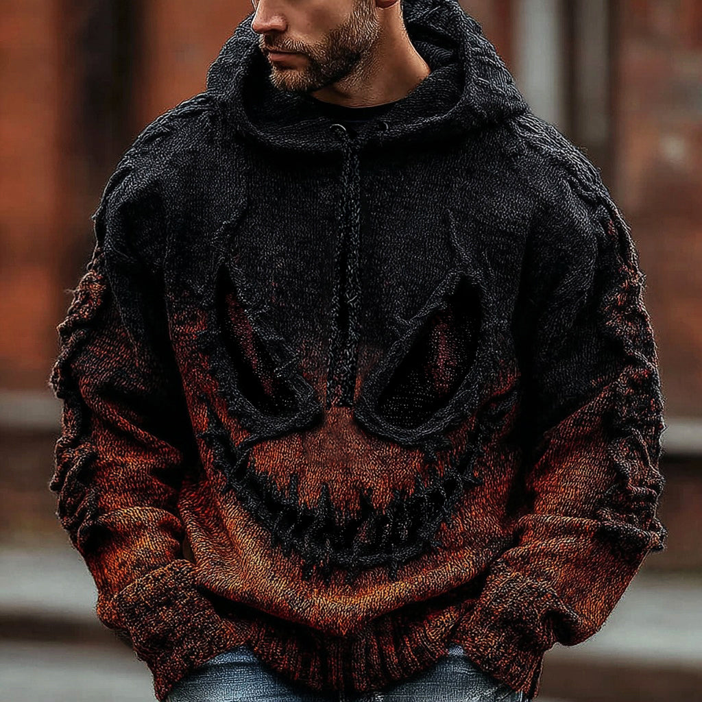 Men's Halloween Spooky Face Gradient Inspired Knitted Distressed Hooded Sweater artswardrobe