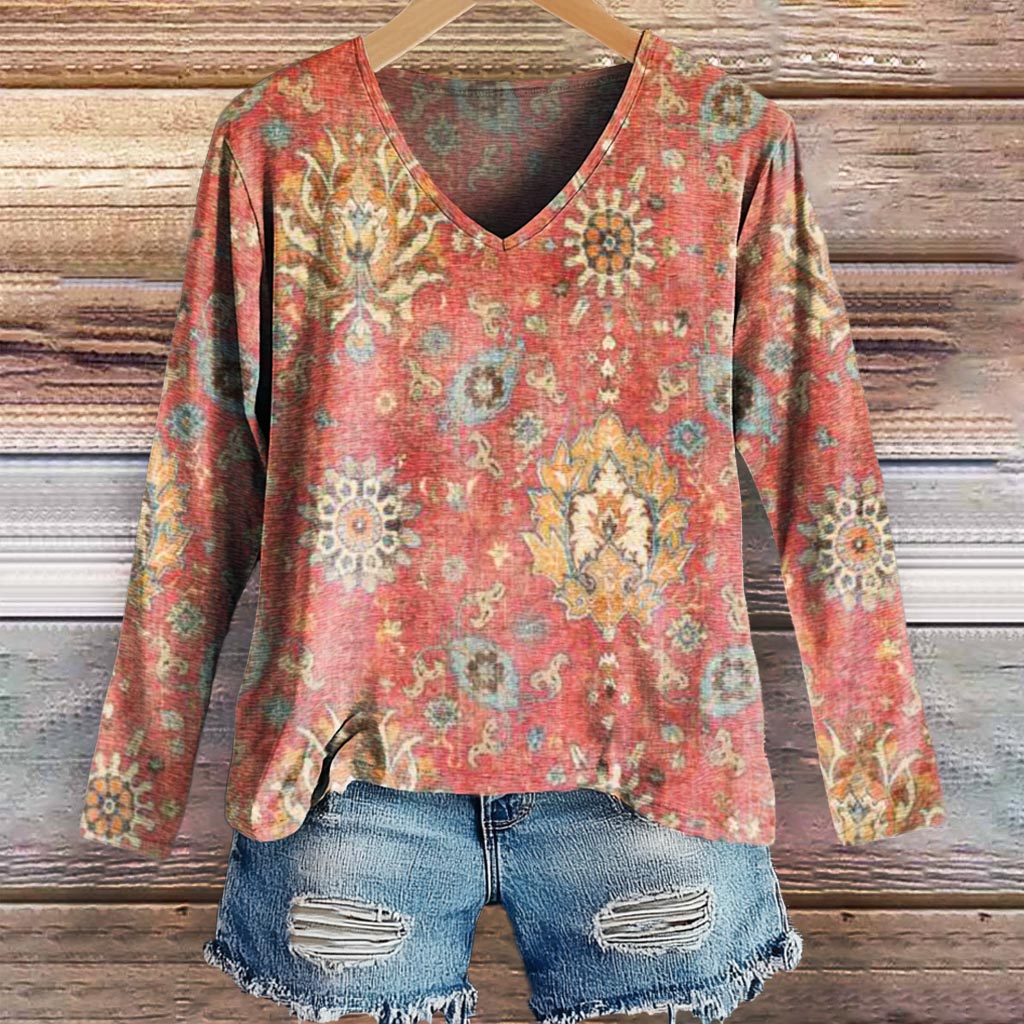 Women's Retro Ethnic Totem Art Print Casual V-neck Long Sleeve T-shirt
