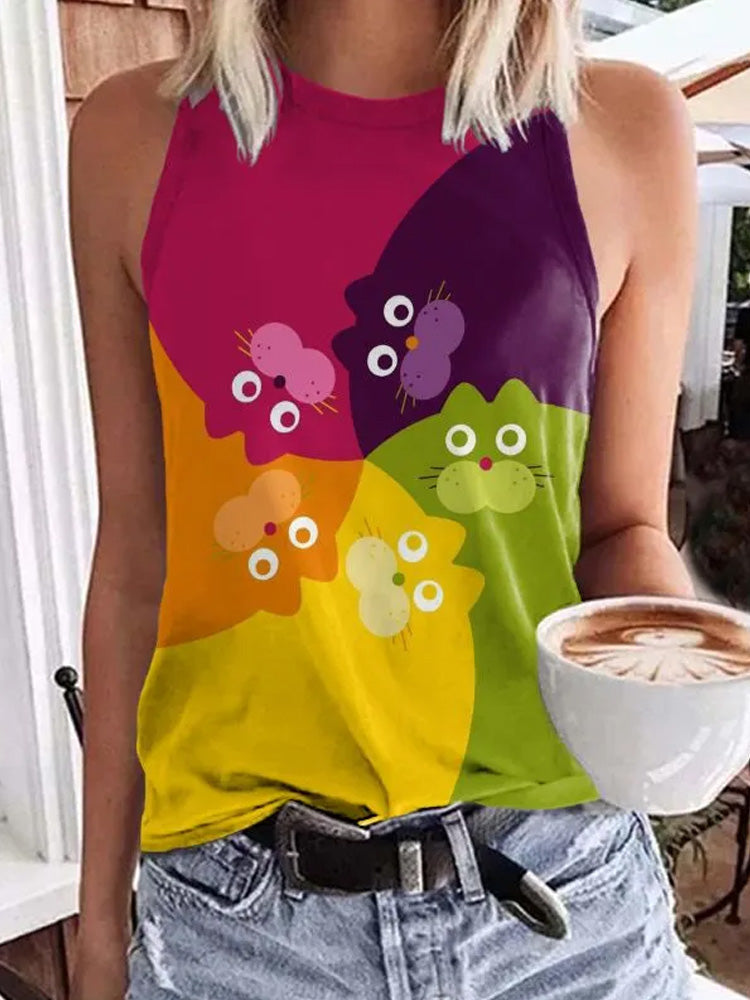 Comstylish Japanese Art Creative Cute Rainbow Cat Swirl Art Print Tank Top