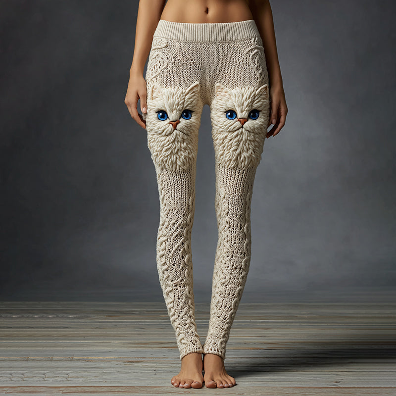 Women's Cute Cat Face Embroidered Cozy Casual Leggings