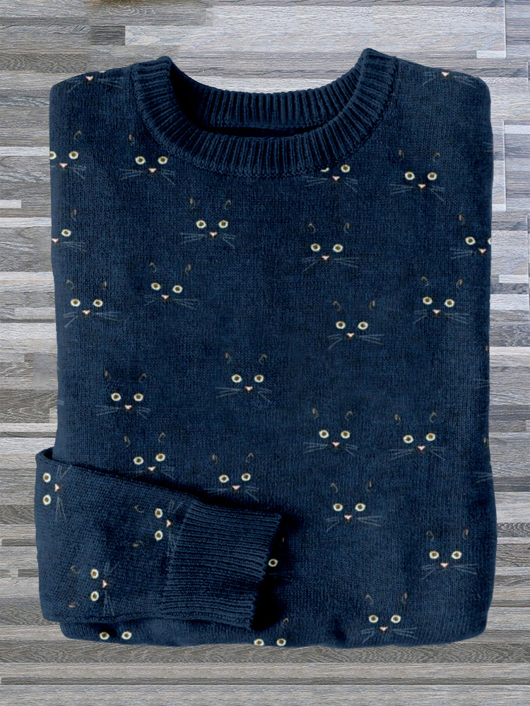 Cute Cat Face Pattern Cozy Sweater elevenforest