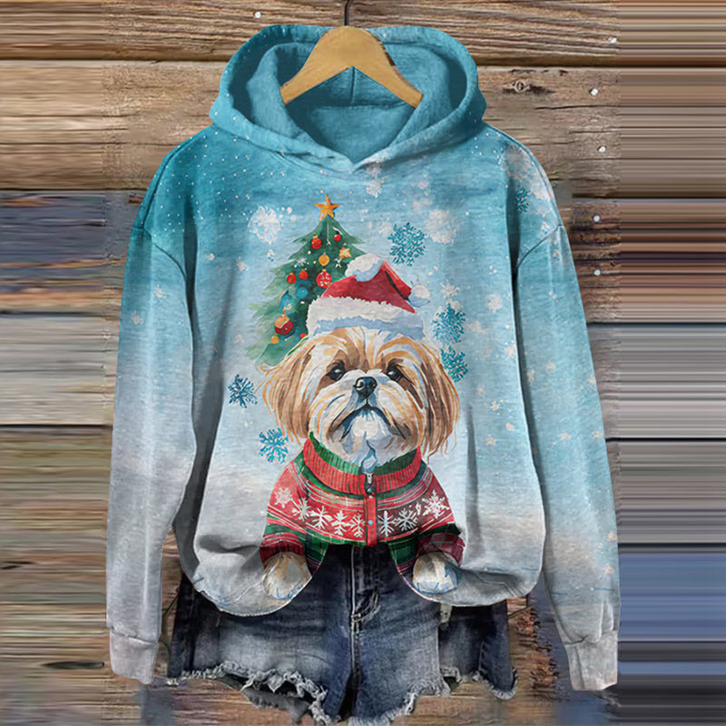 Comstylish Retro Christmas Cute Puppy Shih Tzu Print Hoodie