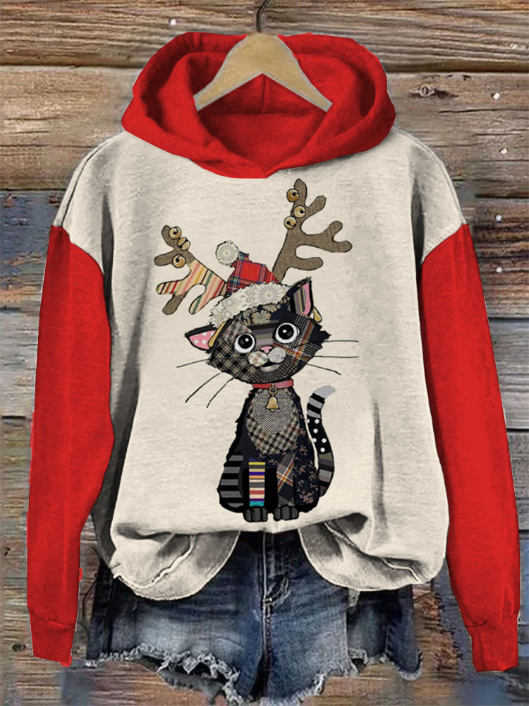 Christmas Cat Print Hooded Sweatshirt elevenforest