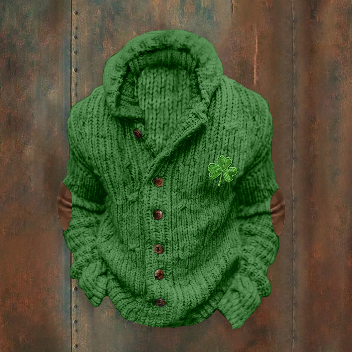 Vintage Ireland Shamrock Embroidery Art Cable Knit Buttons Hooded Sweater artswardrobe