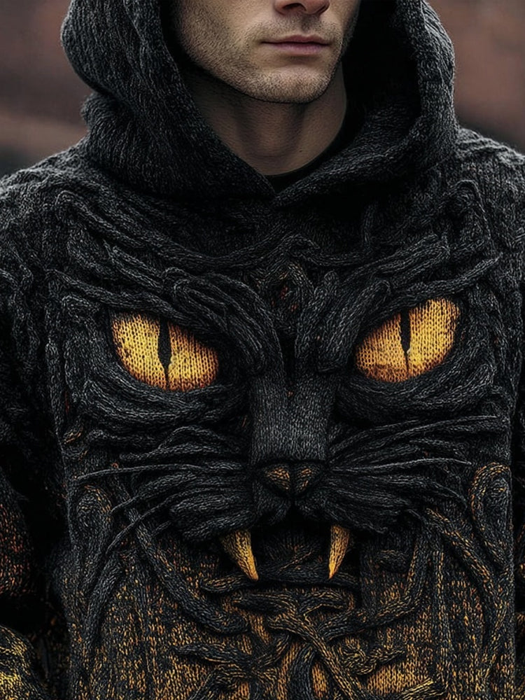 Men's Spooky Devil Black Cat Halloween Chunky Hooded Sweater artswardrobe