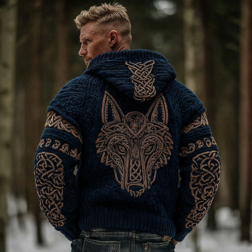 Men's Vintage Viking Wolf Celtic Knot Art Chunky Knit Hooded Zip-up Sweater artswardrobe
