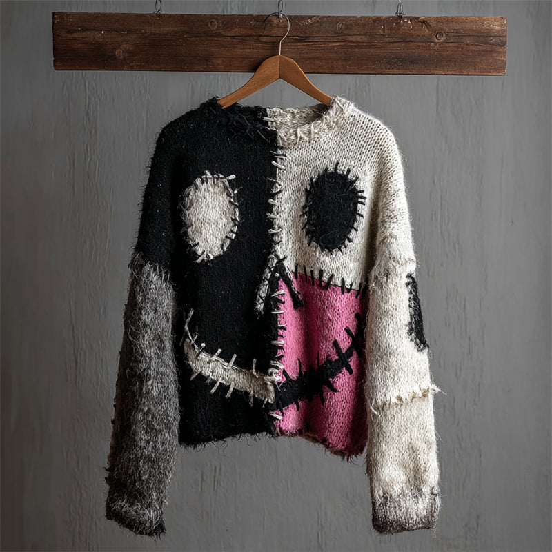 Halloween Spook Faces Colorblock Stitched Cozy Fuzzy Sweater artswardrobe